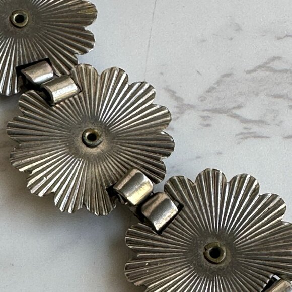 Vintage Floral Silvertone Bracelet With Turquoise Colored Stones 7" - Picture 10 of 11